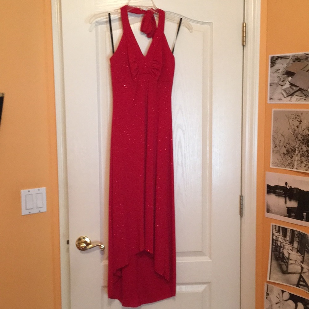 Red halter cocktail dress